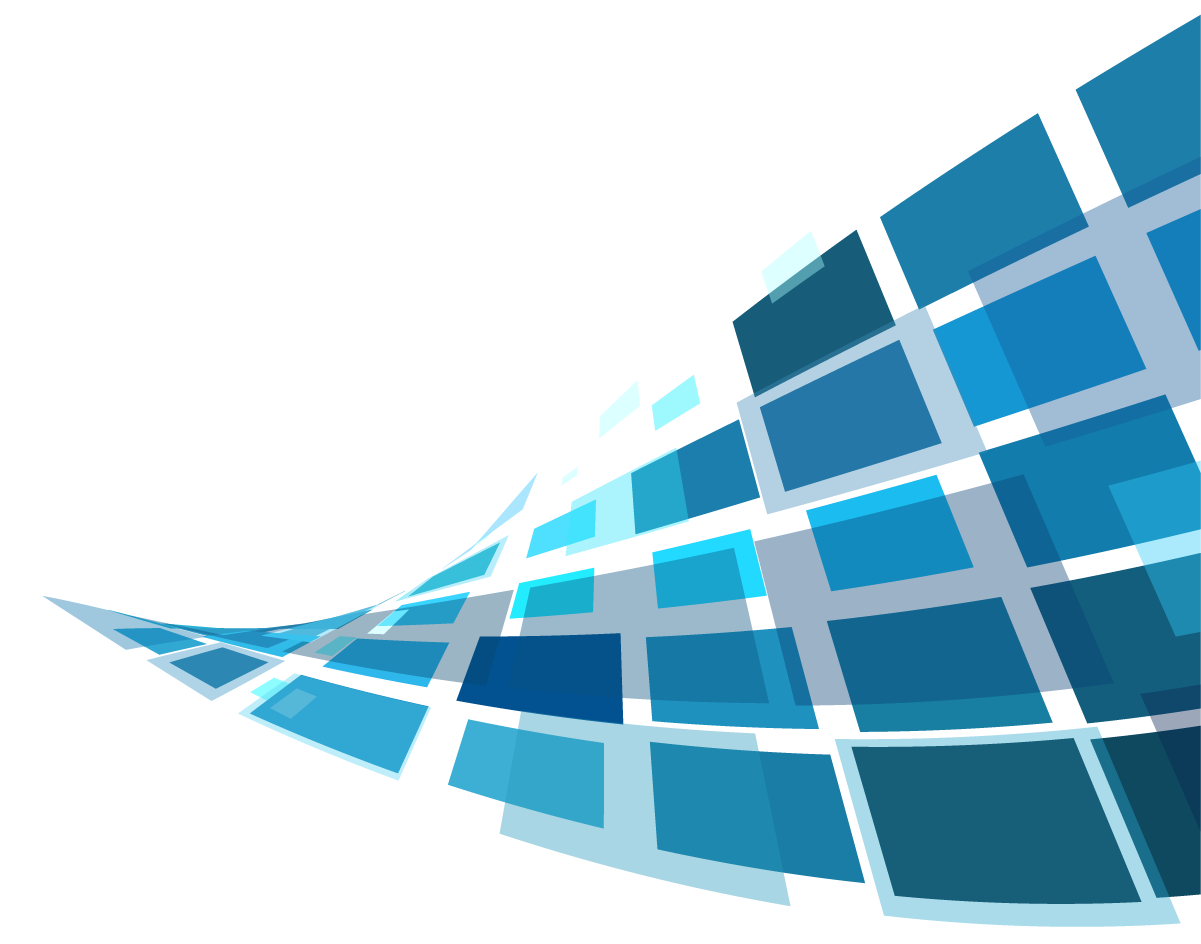 Abstract digital design with blue squares and rectangles arranged in a curved wave pattern.