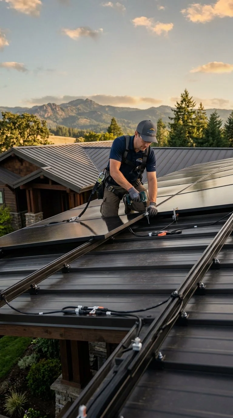 A man installing or maintaining solar panels on a metal roof of a house with scenic mountains and trees in the background during sunset.
