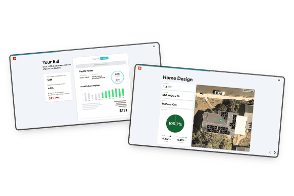 Two computer screens displaying dashboard analytics. One shows a bill summary with graphs and a dollar amount, and the other shows a home design layout with aerial view and measurement details.