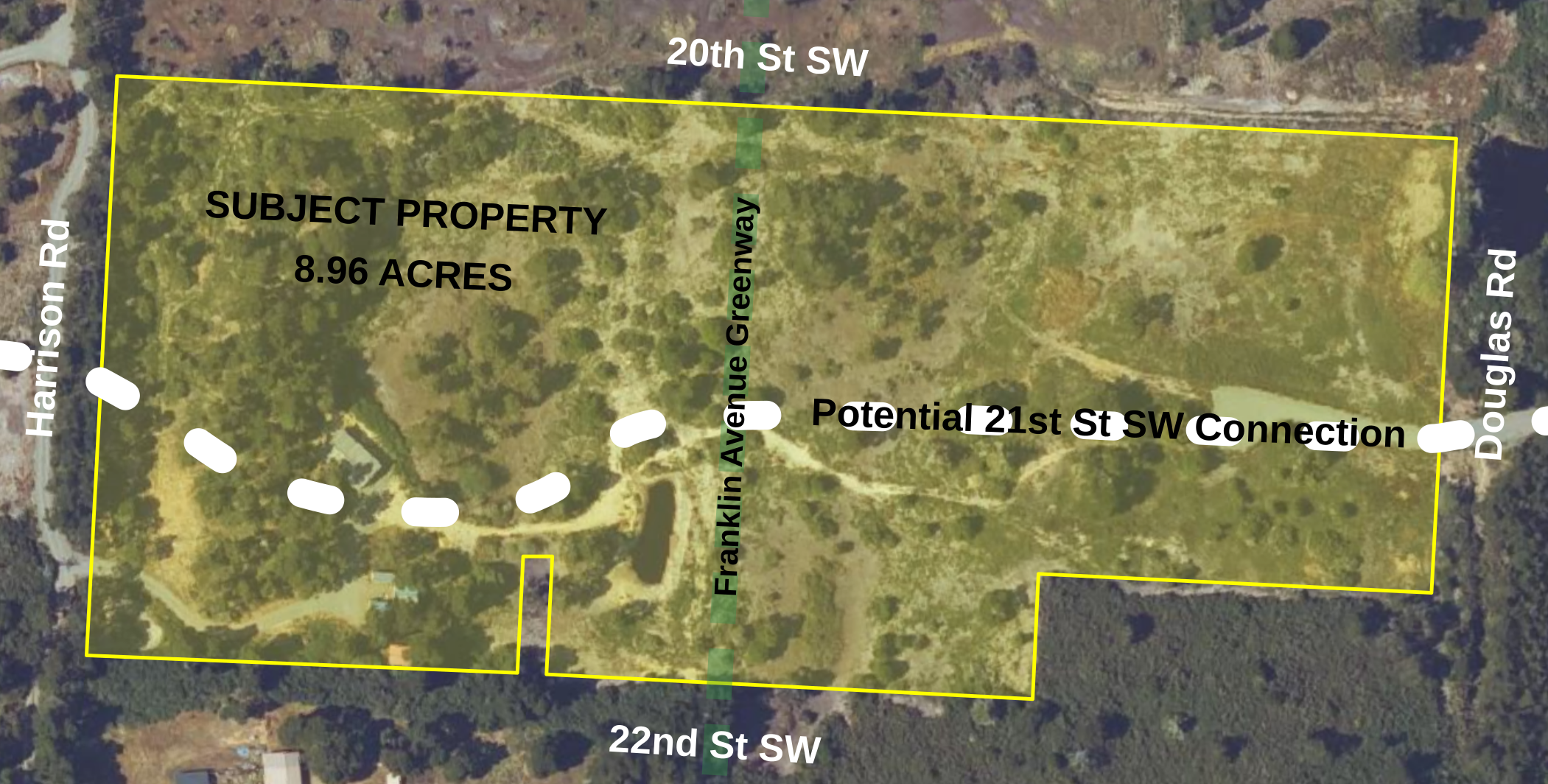 Close aerial view of the 8.96-acre Face Rock Heights property showing the contemplated 21st Street SW east-west connection and Franklin Avenue north-south greenway crossing the surrounding street grid.