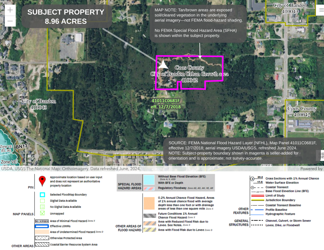 FEMA flood-hazard map showing the Face Rock Heights property highlighted in relation to mapped flood-hazard areas in west Bandon.