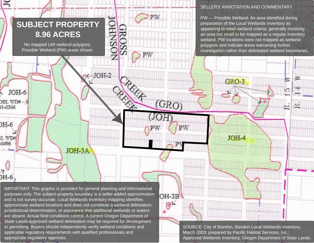 Bandon Local Wetlands Inventory map with the Face Rock Heights property highlighted; no mapped wetlands are shown within the subject property.