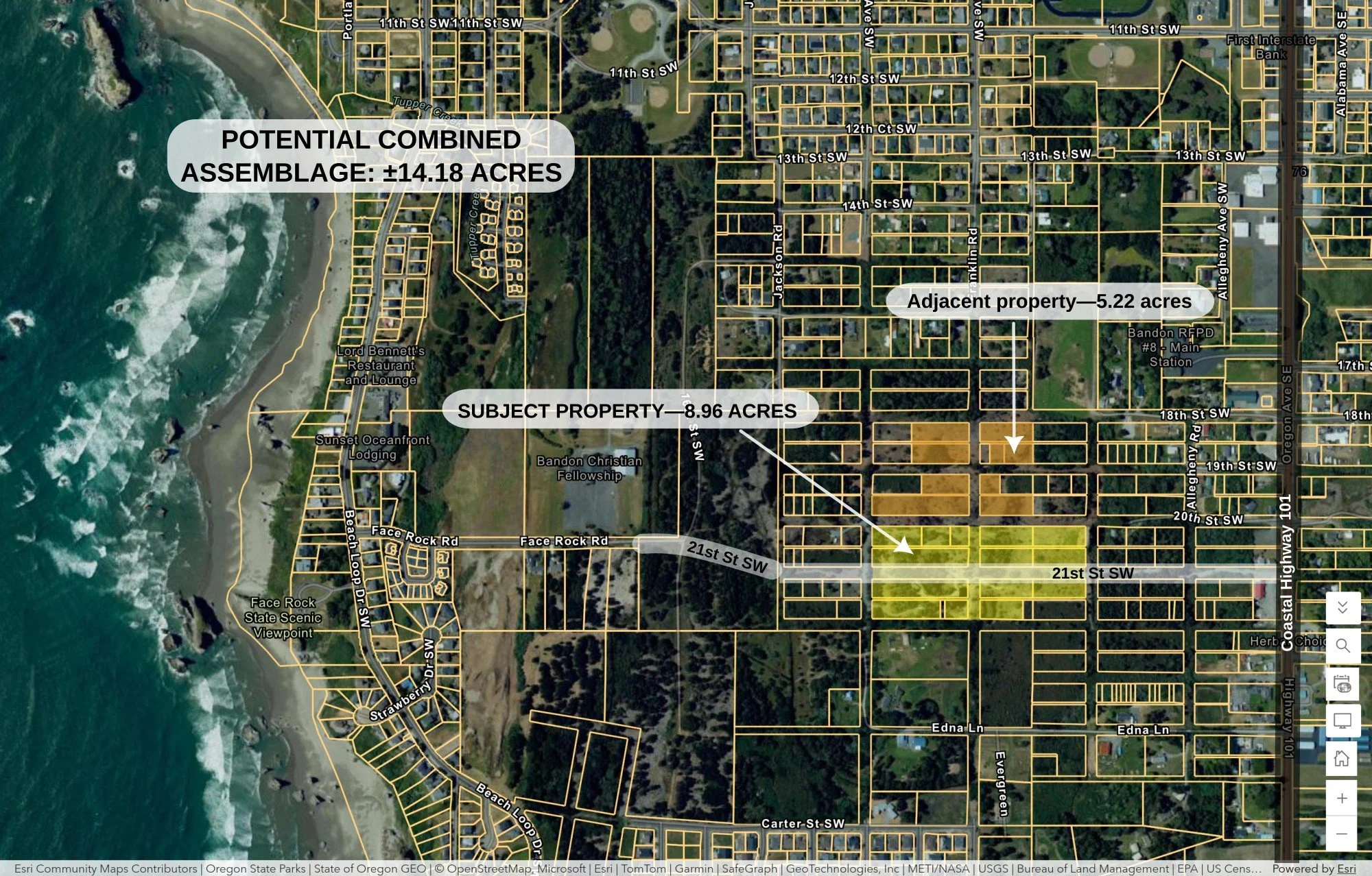 Aerial parcel map showing the 8.96-acre Face Rock Heights property and the separately owned 5.22-acre tract immediately north, illustrating a potential combined 14.18-acre assemblage.