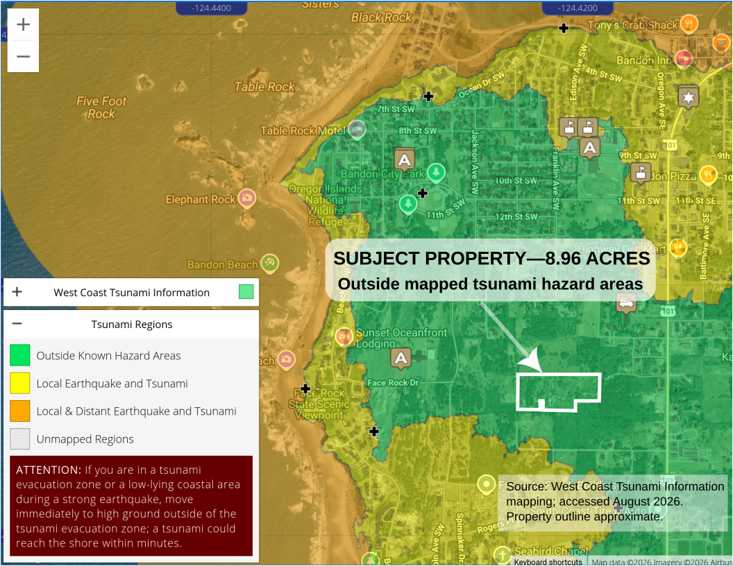 Bandon tsunami-inundation map showing the Face Rock Heights property highlighted outside the mapped tsunami inundation area.