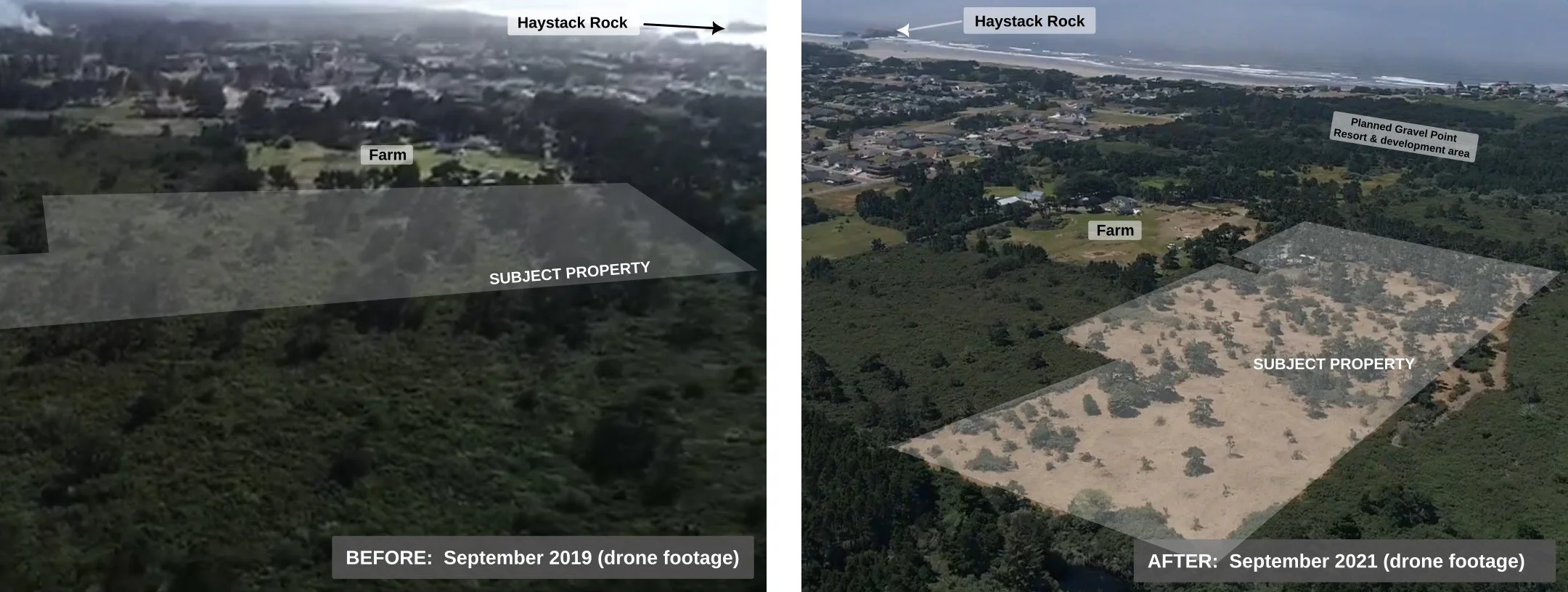 Before-and-after drone views of the 8.96-acre Face Rock Heights property in Bandon, Oregon, comparing dense vegetation in September 2019 with the substantially cleared site in September 2021.