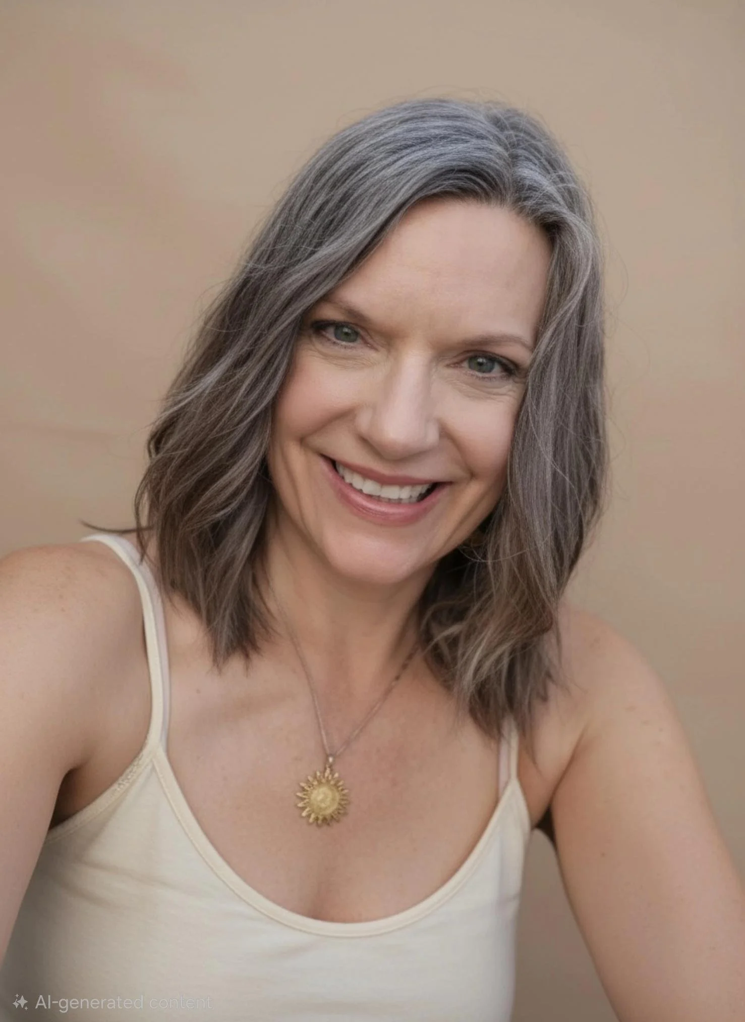 A woman with shoulder-length gray hair, smiling, wearing a white tank top and a gold sun-shaped pendant necklace.