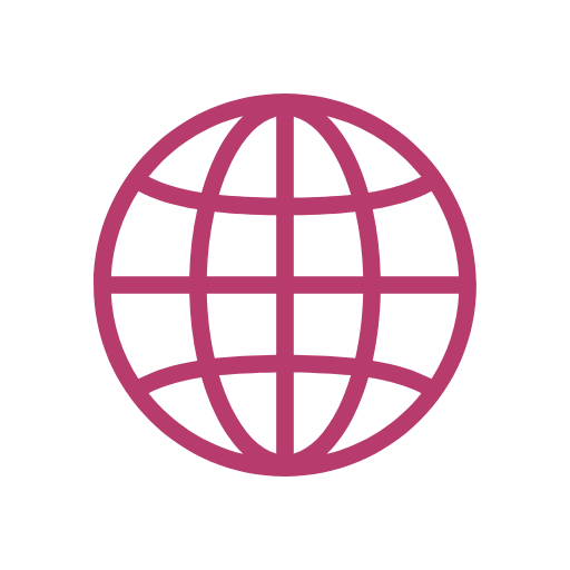 A pink globe icon with longitude and latitude lines on a black background.