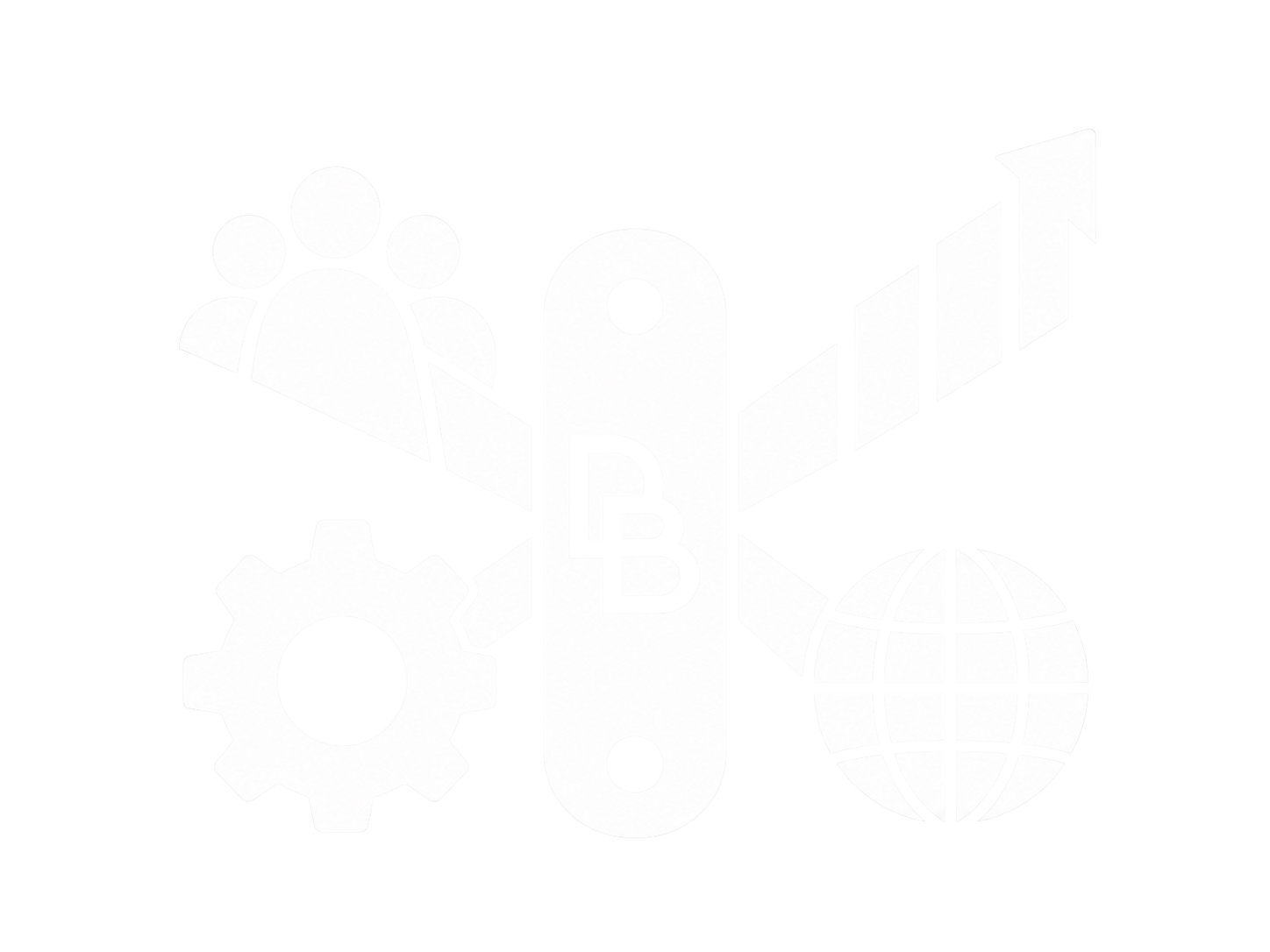 Illustration of business growth and teamwork symbols, including a group of people, a gear, a globe, and an upward arrow, with a central plaque labeled 'B'.