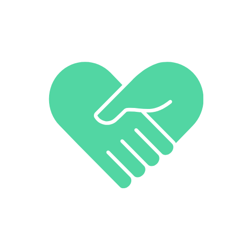 A graphic of two hands shaking, forming a heart shape.