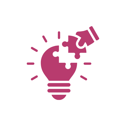 A purple illustration of a lightbulb with puzzle pieces being placed into it.