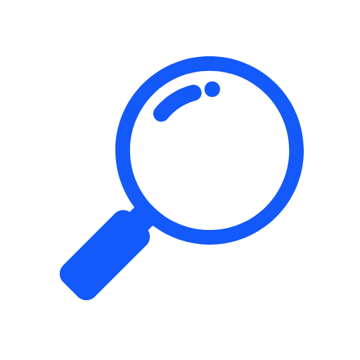 Blue magnifying glass icon on a black background.