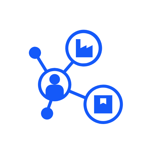 Blue connected icons representing data analytics, with a person icon at the center, surrounded by charts and graphs.
