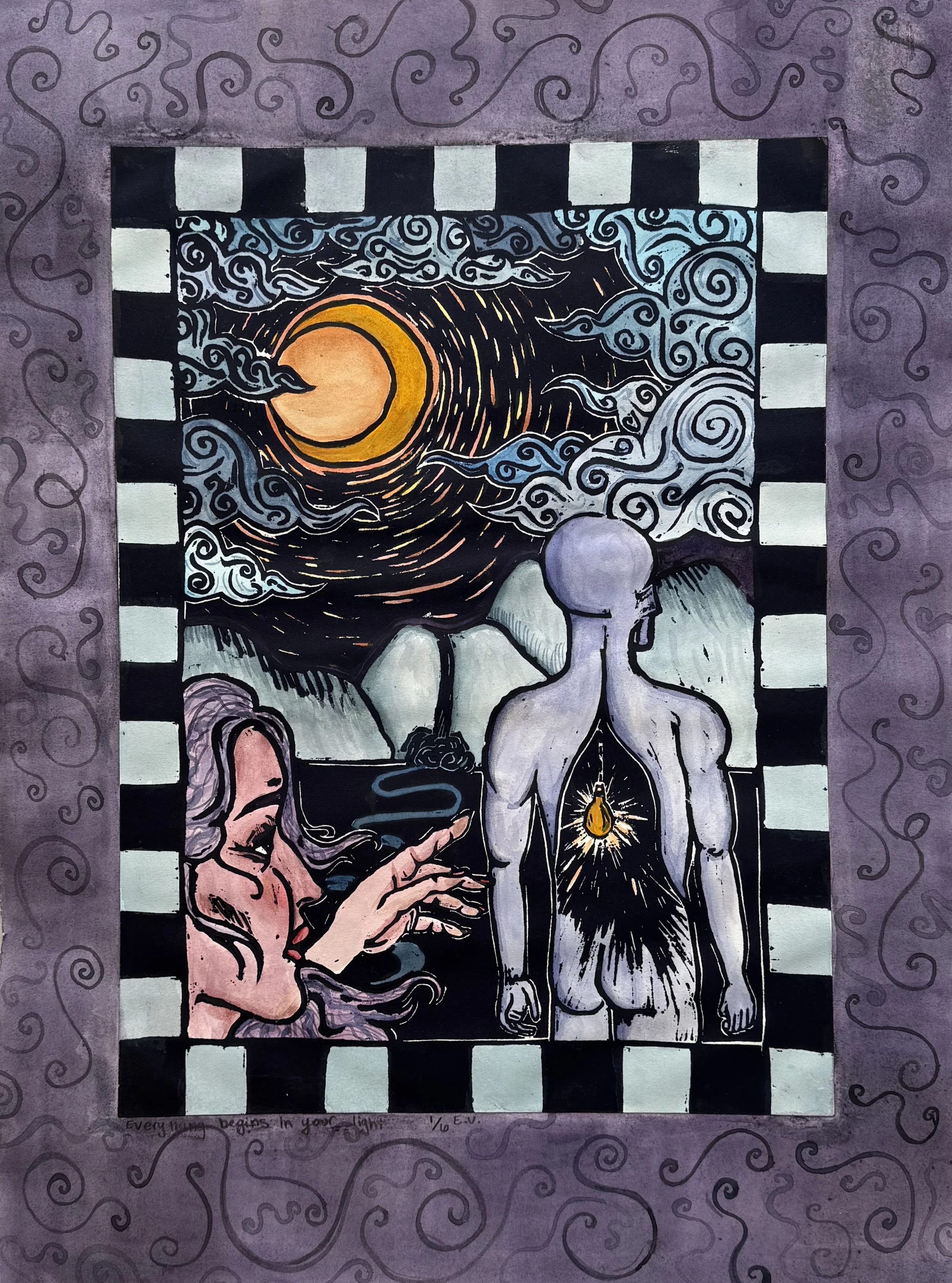 In Your Light 
Relief Print, Water color, Collage