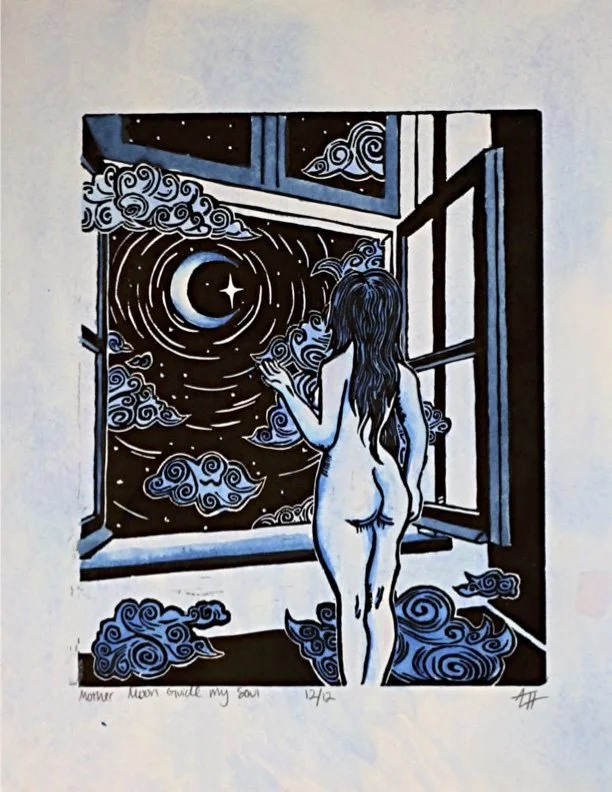 Mother Moon Guide My Soul 
Relief Print, Water color 