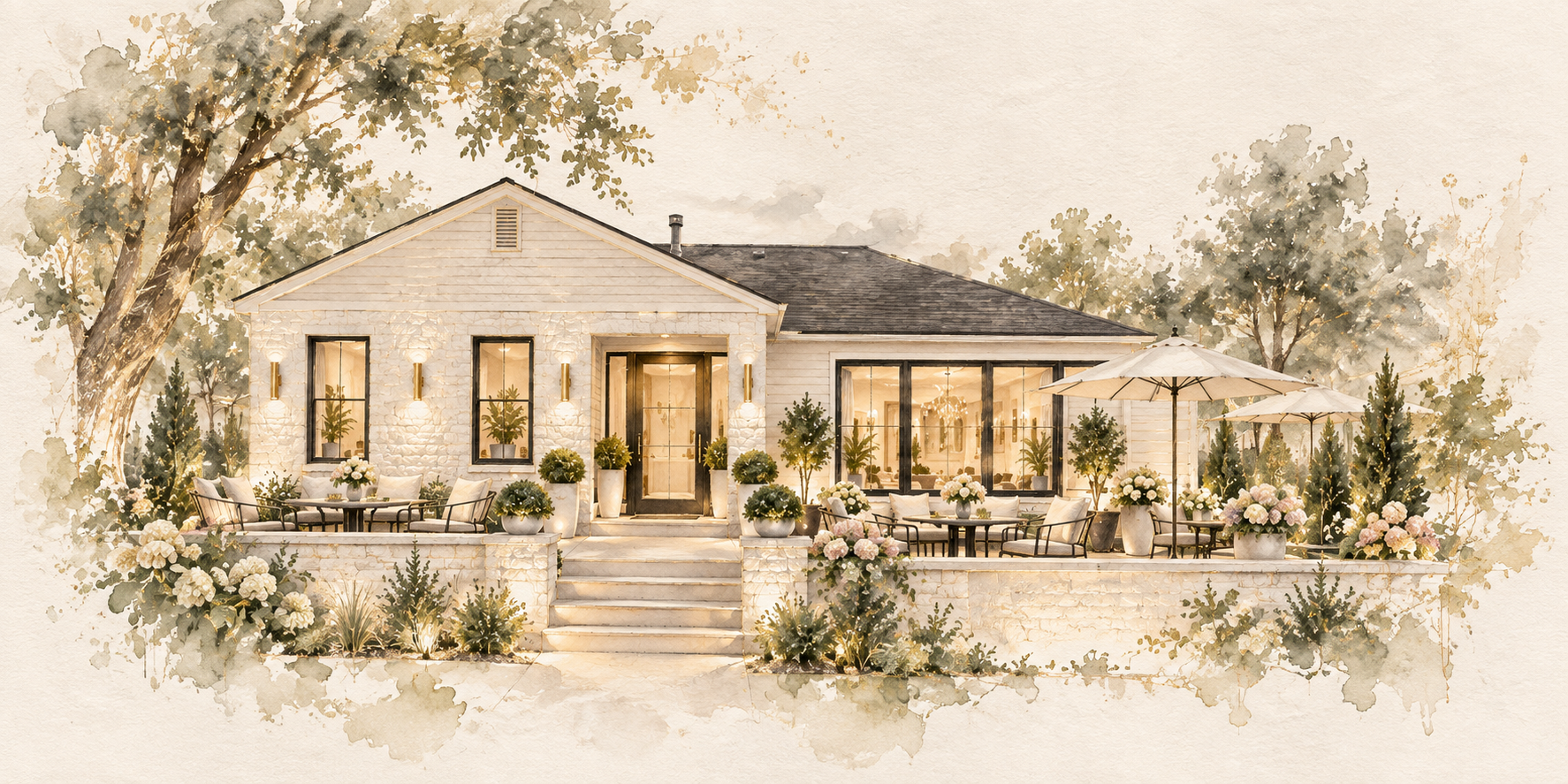 Watercolor concept illustration of the future YAZZ Beauty House salon, with ivory stone, warm windows and hydrangeas. Not the current appointment location.