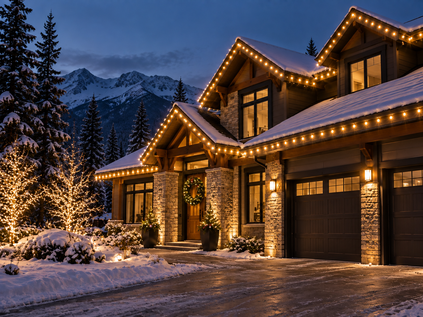 Residential holiday lighting installation by RWC featuring professional Christmas lights on a mountain home.