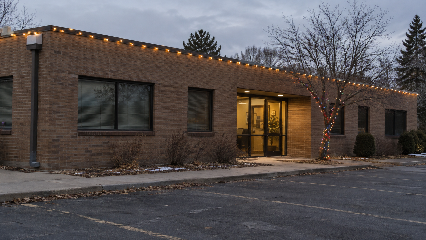 Commercial holiday lighting installation by Reflect Window Cleaning (RWC) featuring professional exterior Christmas lights on a business property.