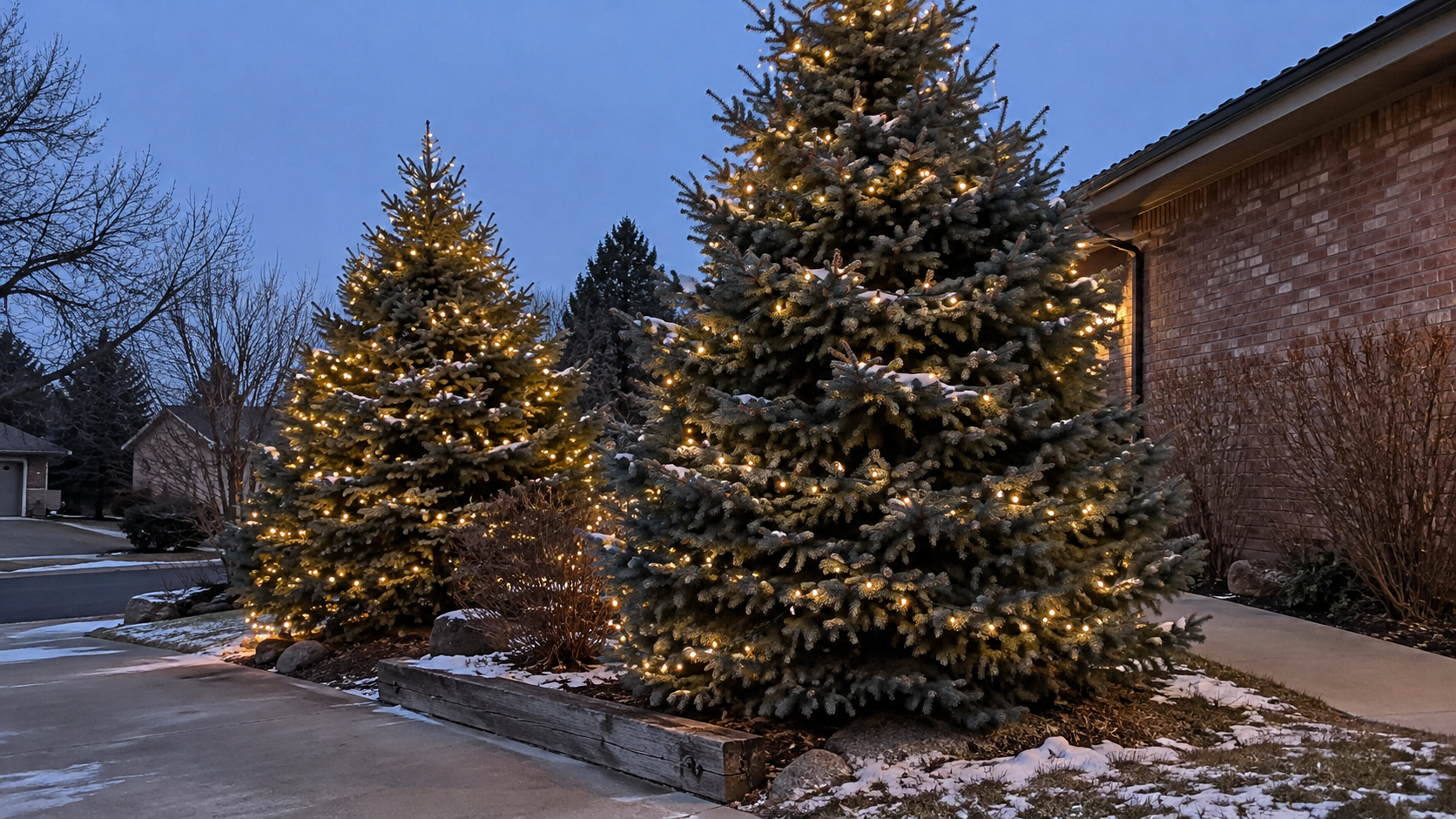 Outdoor holiday tree lighting by Reflect Window Cleaning (RWC) featuring professional Christmas light installation on large residential evergreen trees.