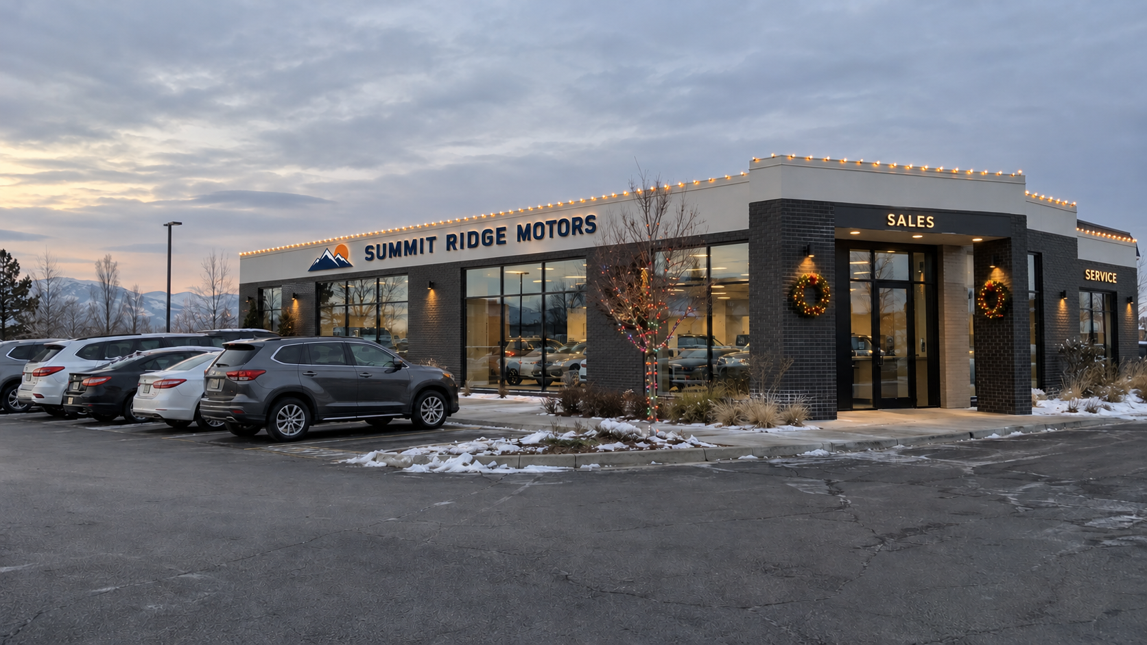 Commercial holiday lighting installation by RWC featuring professional roofline and exterior Christmas lights on a large commercial dealership.