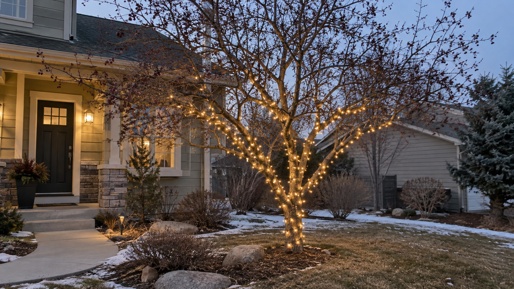Residential tree lighting by RWC featuring professionally wrapped Christmas lights as part of a complete holiday lighting installation.