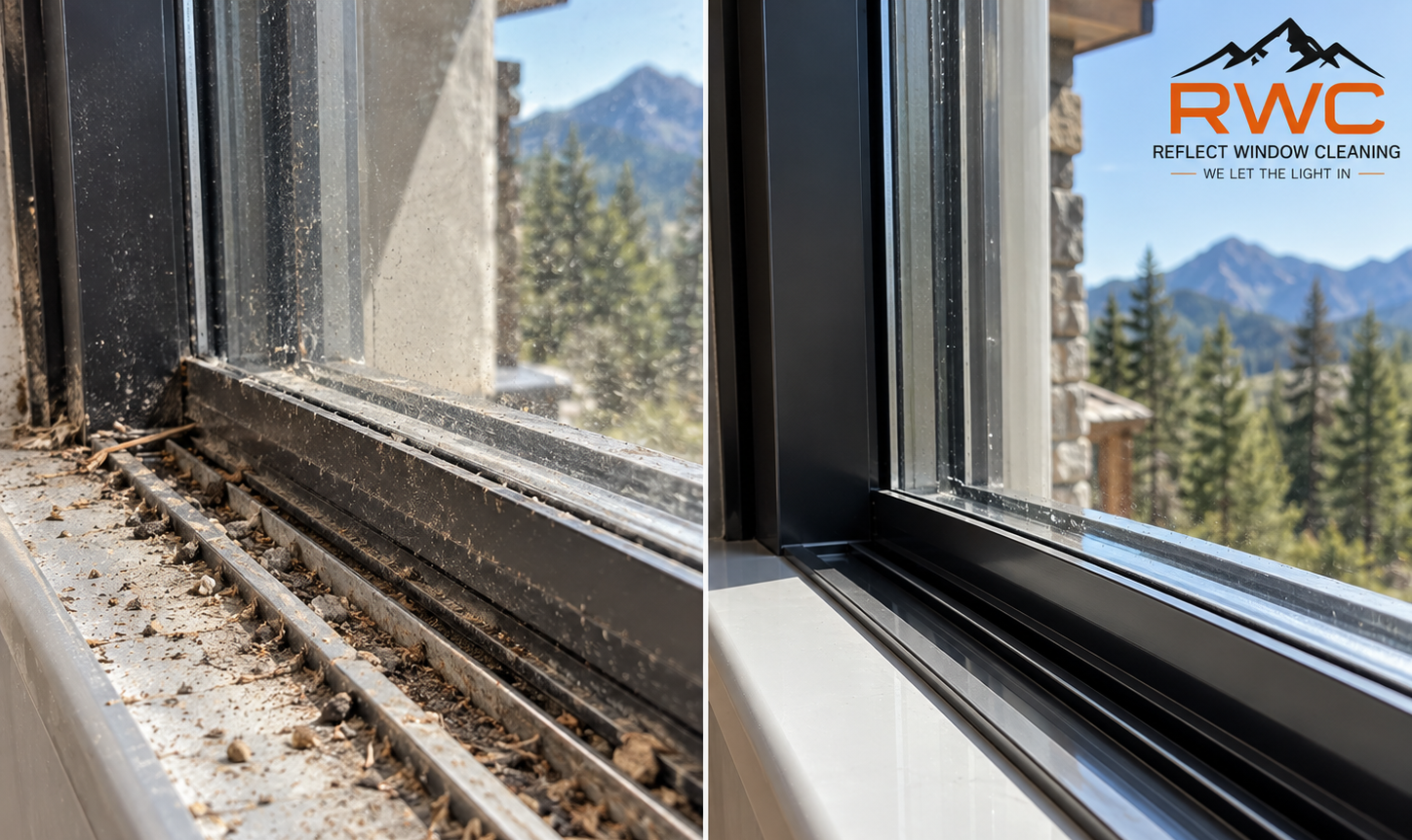 Before-and-after window track cleaning by RWC showing built-up dirt and debris removed from a residential window track.
