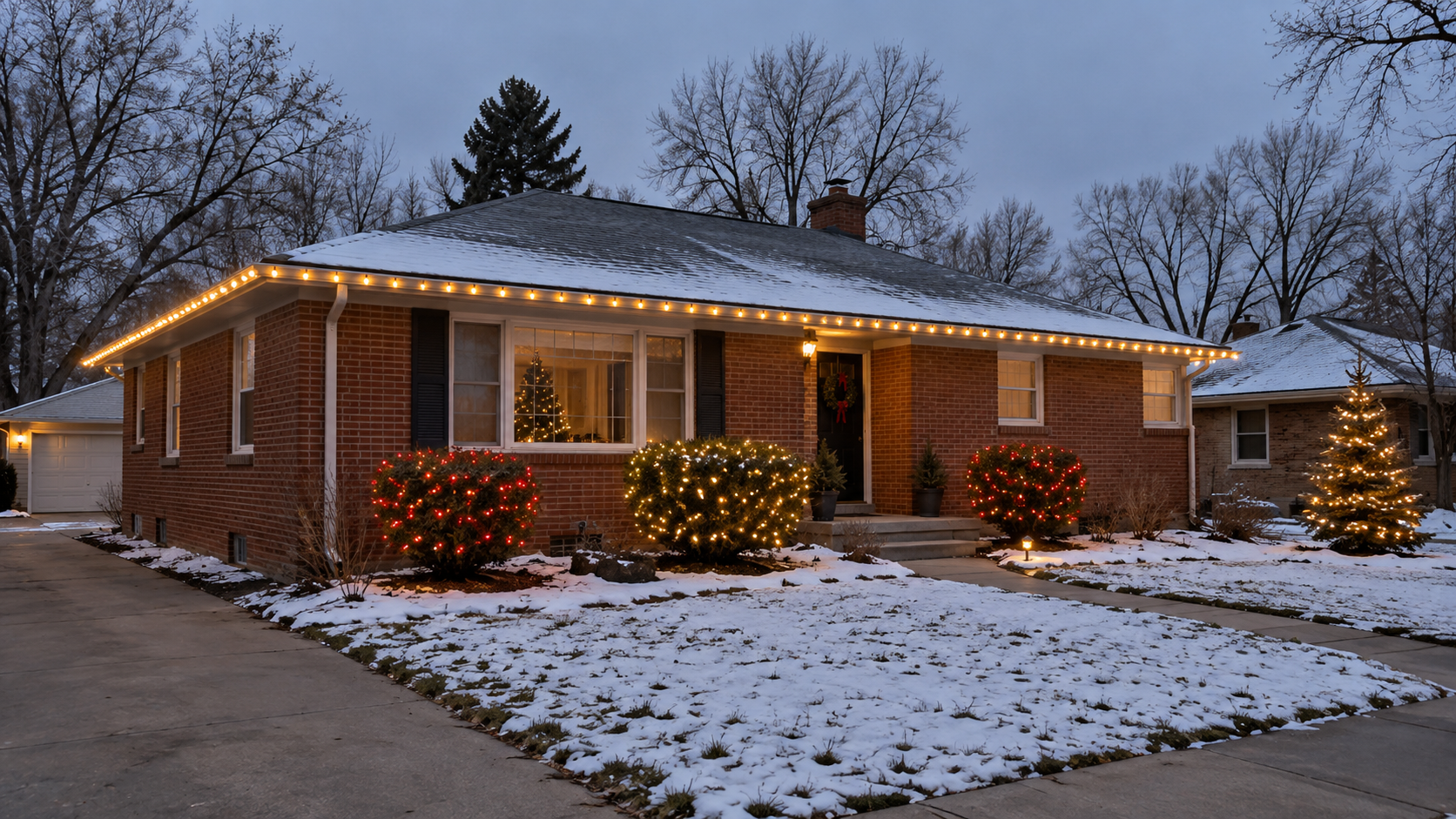 Residential holiday lighting and seasonal decorating by RWC featuring professionally installed Christmas lights on a residential property.