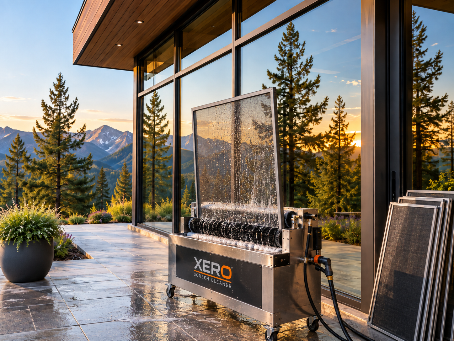 Professional residential window screen cleaning by RWC using a screen cleaning system at a mountain property.