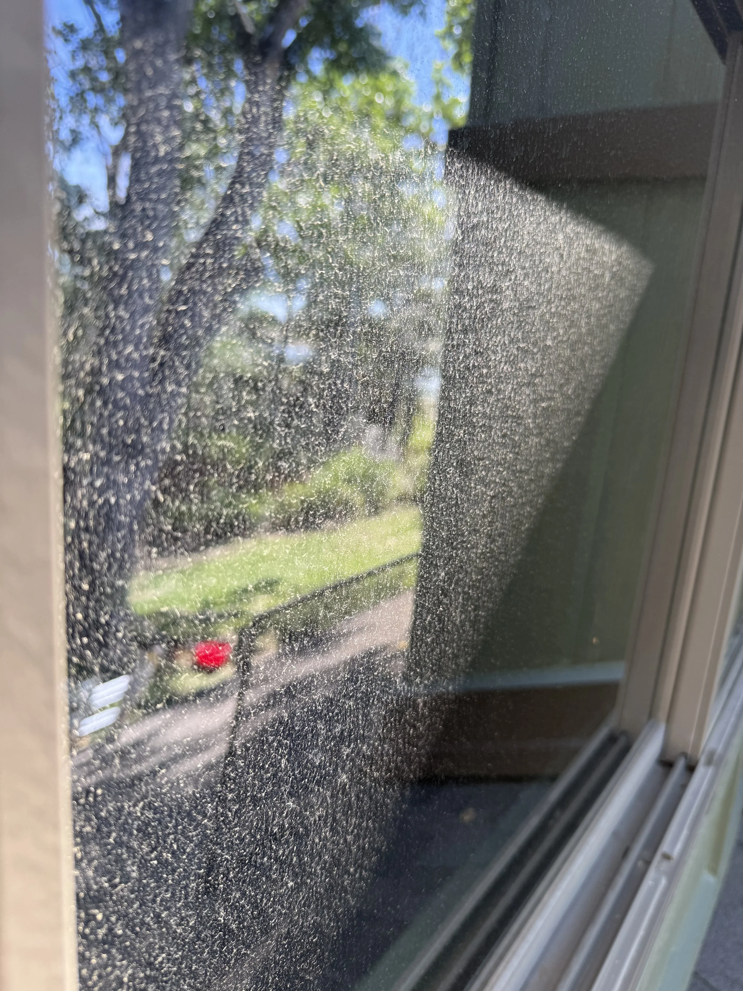Residential window before professional window cleaning by Reflect Window Cleaning (RWC), showing water spots and buildup on the exterior glass.