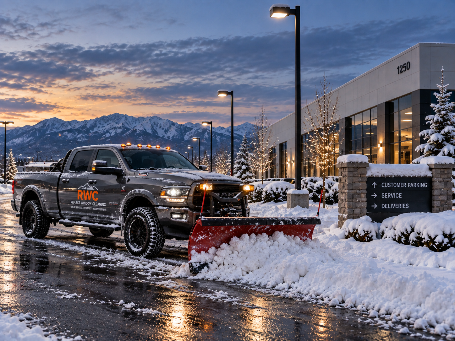 RWC commercial snow removal service clearing a business parking lot with a plow truck.