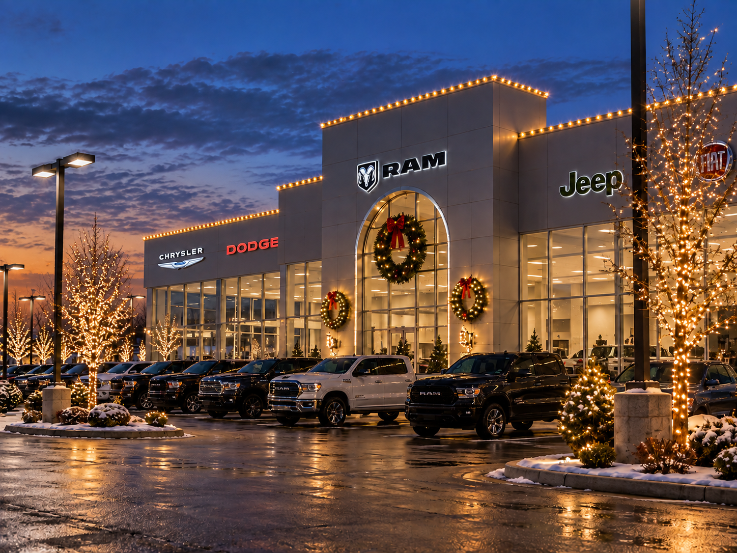 Commercial holiday lighting installation by RWC featuring Christmas lights and seasonal decorations on a commercial property.
