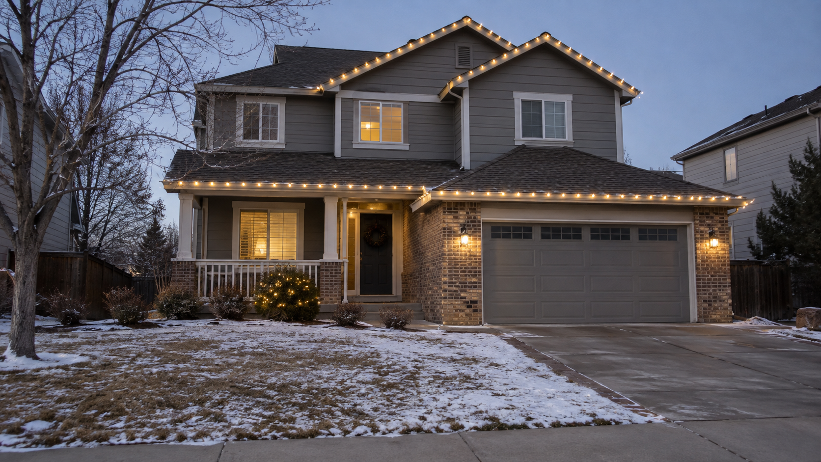 Residential holiday lighting install by RWC providing professional holiday lighting for a two-story home and surrounding property.