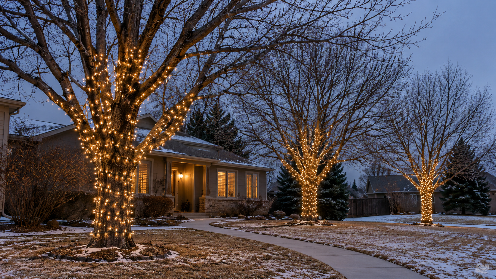 Professional holiday tree lighting by RWC featuring Christmas lights wrapped around multiple residential trees and landscaping.