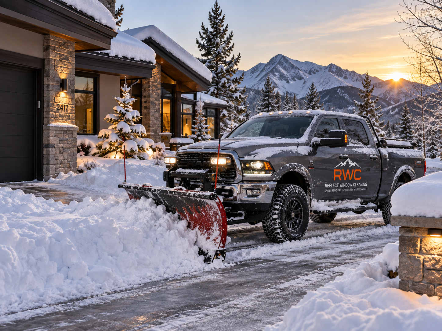 RWC residential snow removal service clearing a snow-covered driveway with a plow truck.
