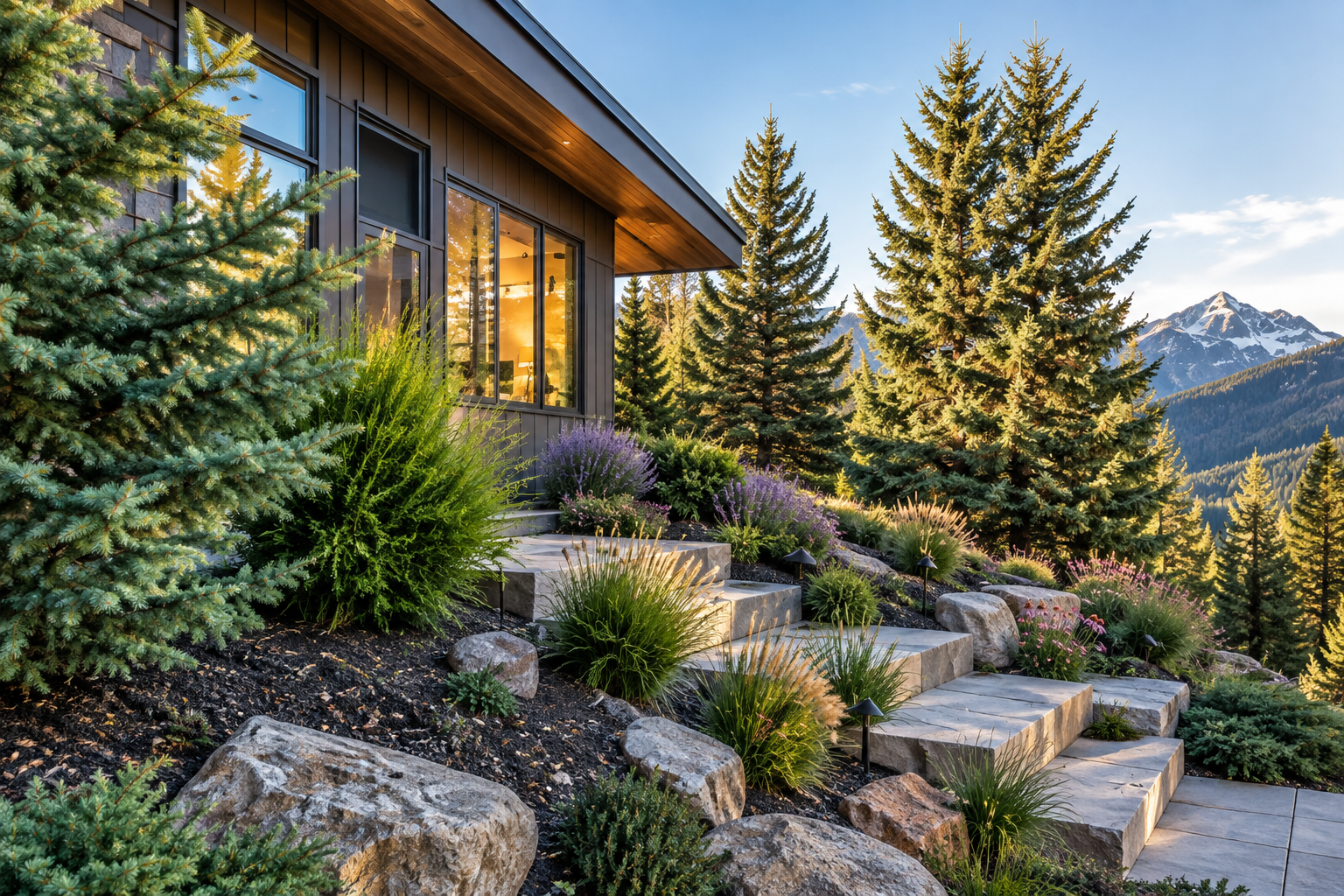 Residential property care by RWC for a mountain home featuring large exterior windows and landscaped outdoor areas.