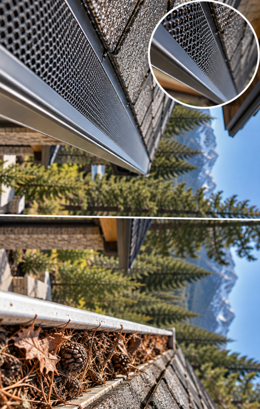 Residential gutter before cleaning showing leaves, pinecones, and debris ready for professional gutter cleaning by RWC.