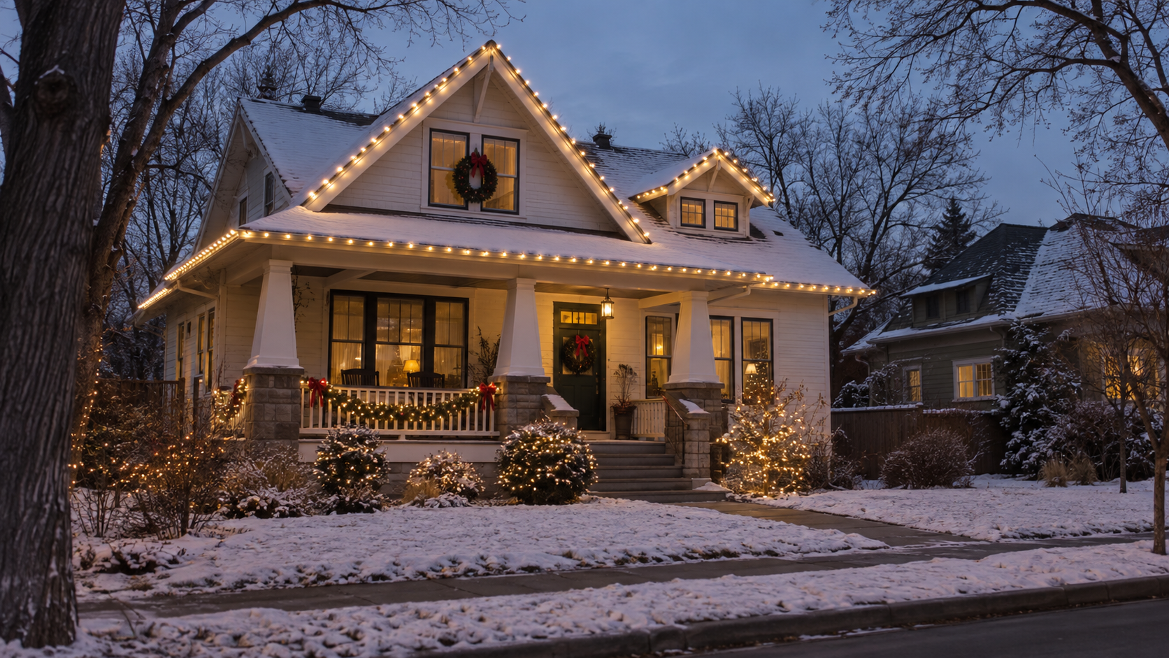 Residential holiday lighting installation by RWC featuring professional roofline, exterior, and landscape Christmas lights.