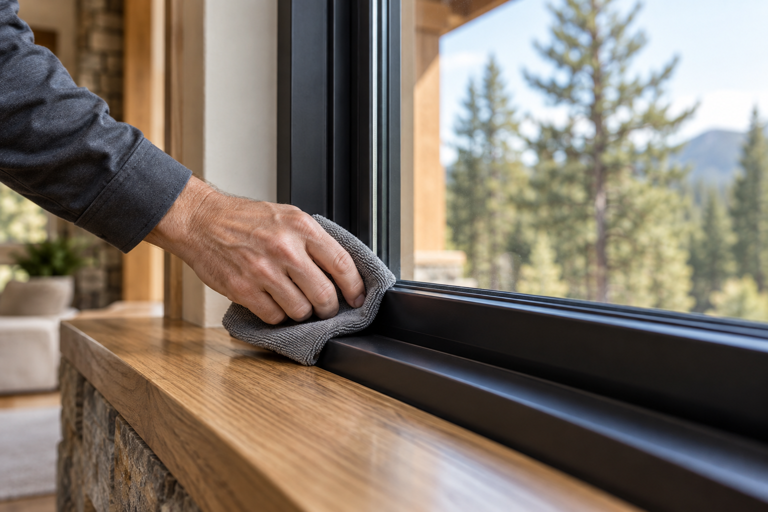 Residential window screen cleaning and maintenance by RWC featuring detailed care of the screen, frame, and surrounding window area.