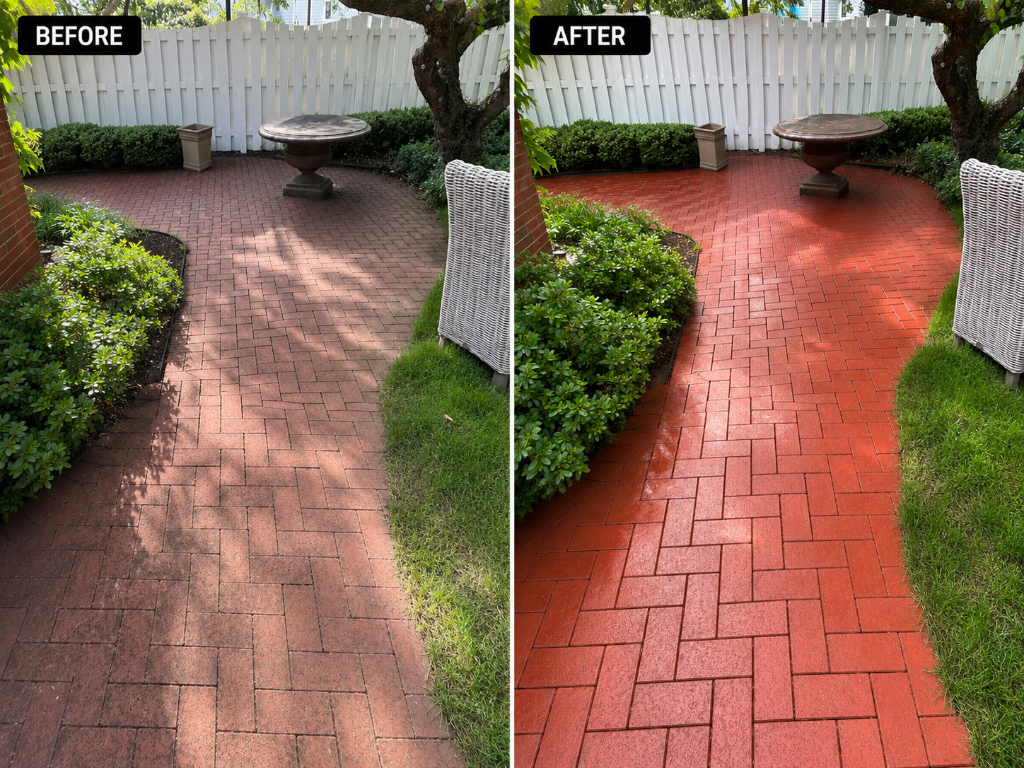 Before-and-after brick pressure washing by Reflect Window Cleaning (RWC) showing the removal of dirt, grime, and buildup from an outdoor walkway.