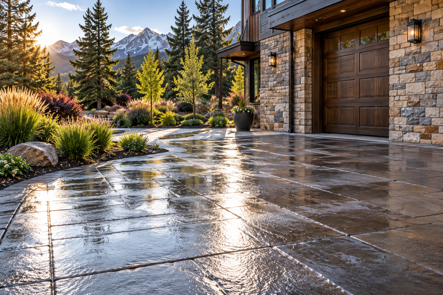 Freshly pressure-washed residential stone patio by RWC as part of professional exterior property care.