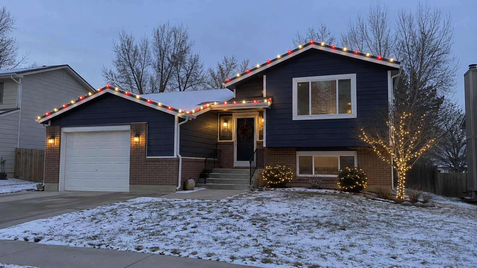 Residential holiday lighting by RWC featuring professional Christmas lights installed along the roofline and exterior of a home.
