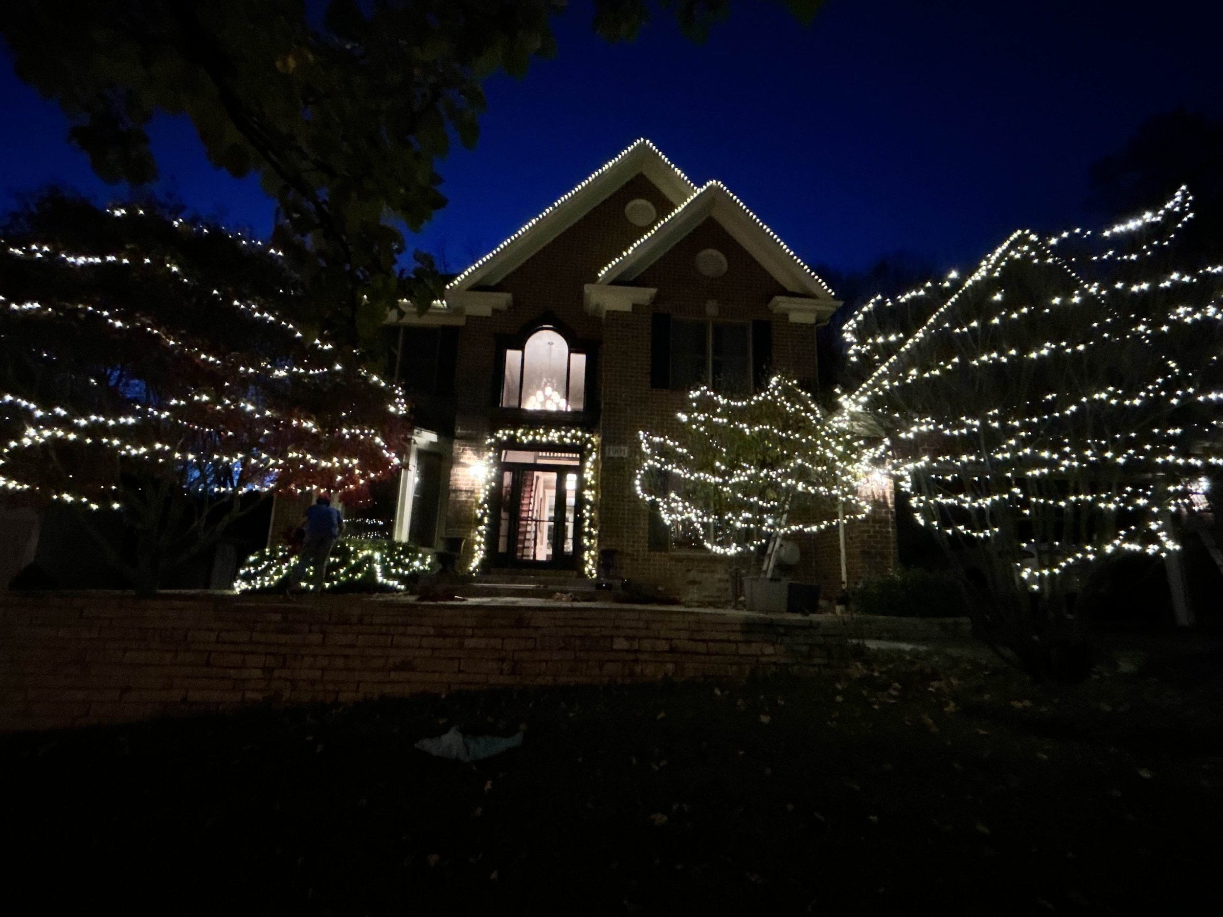 Residential holiday lighting installation by Reflect Window Cleaning (RWC) featuring professional Christmas lights on the home, roofline, trees, and outdoor areas.