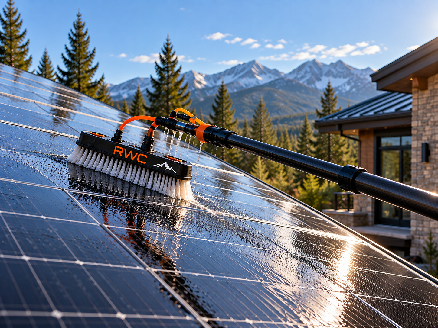 Professional solar panel cleaning by RWC using a water-fed brush system on a residential property.