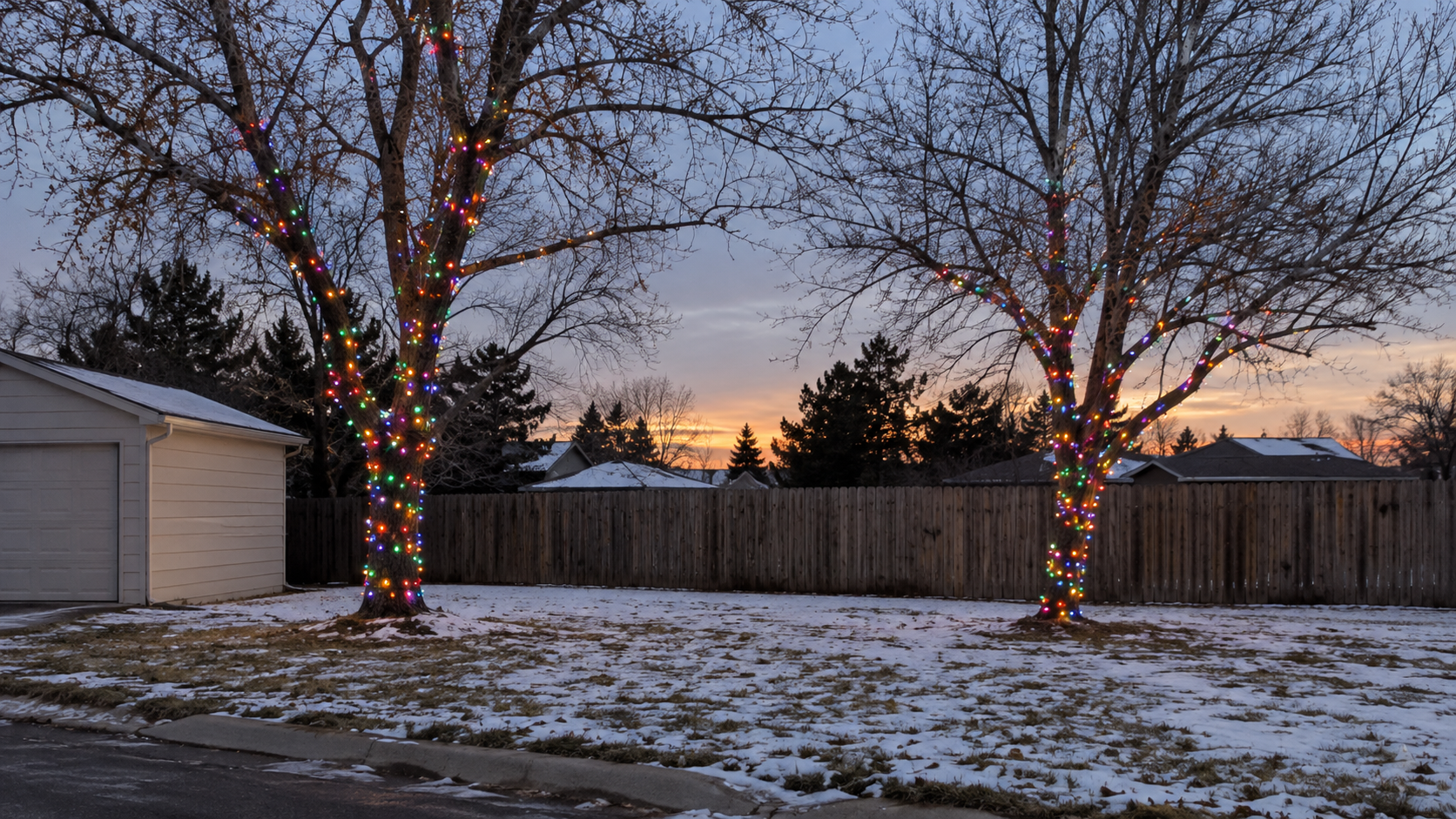 Residential holiday tree lighting by RWC featuring professionally wrapped Christmas lights on mature outdoor trees.