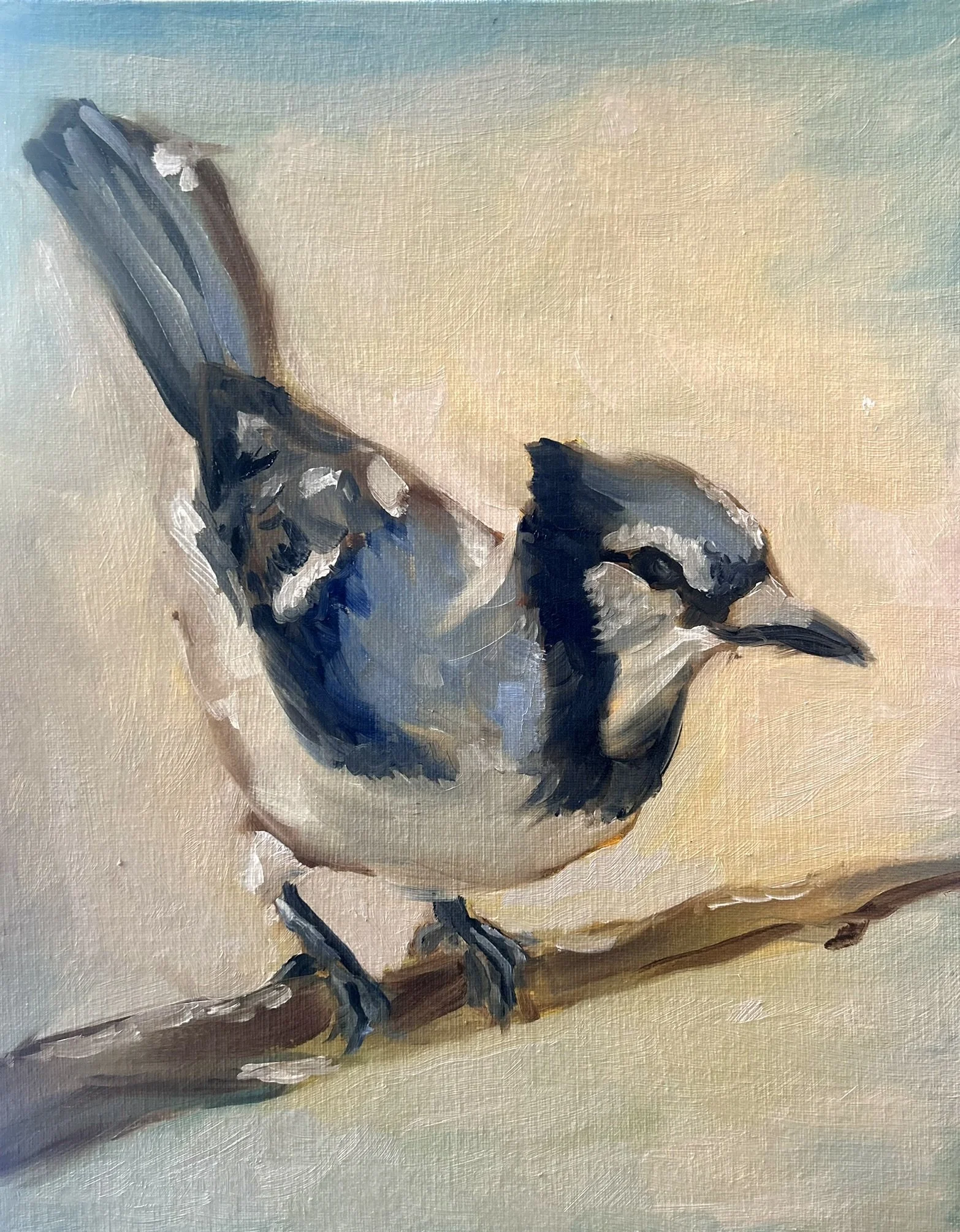 Close-up of a painting of a bird, possibly a chickadee, perched on a branch, with a background of soft pastel colors.