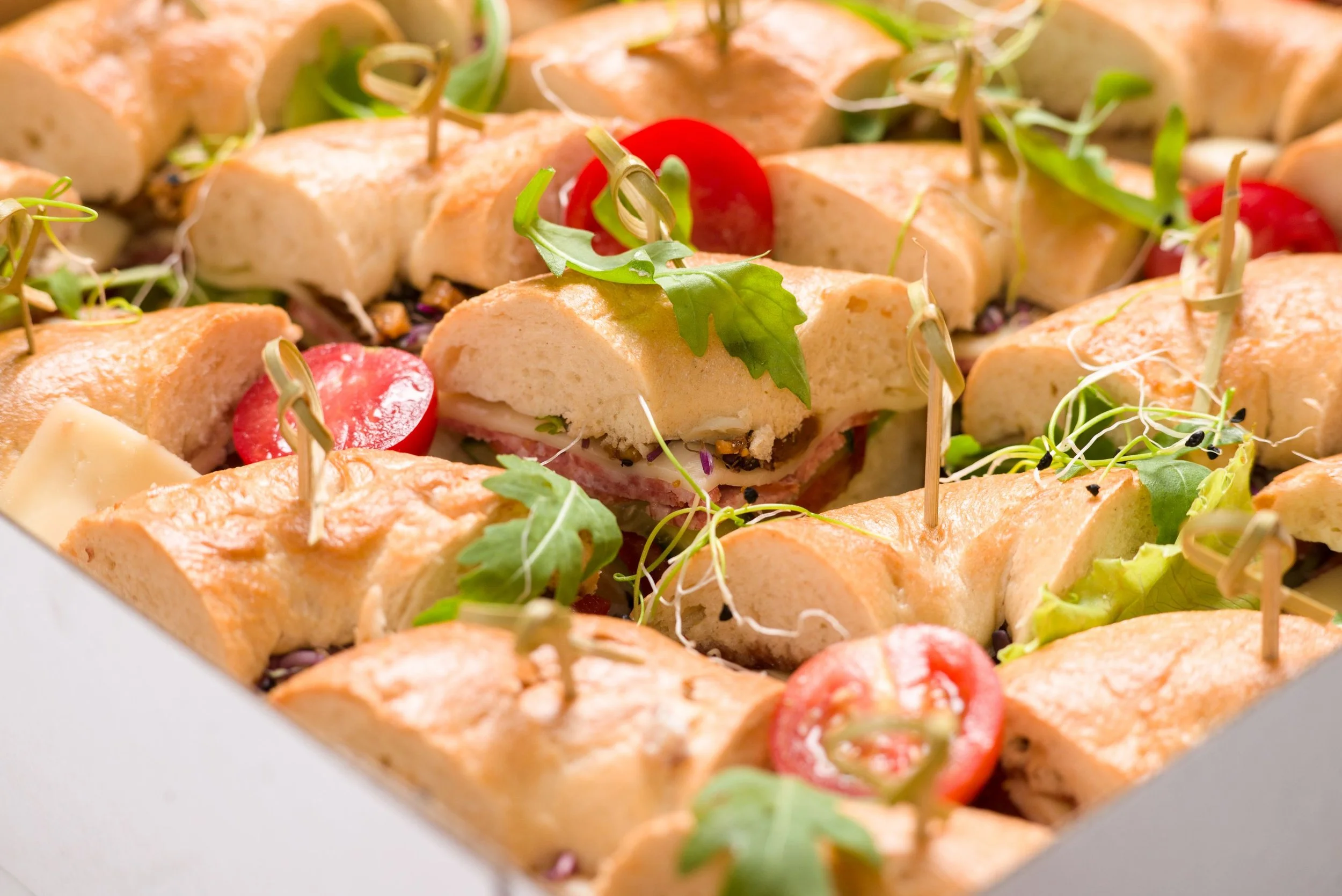 Close-up of sliced chicken roulade sandwiches filled with herbs and vegetables, garnished with microgreens and cherry tomatoes.