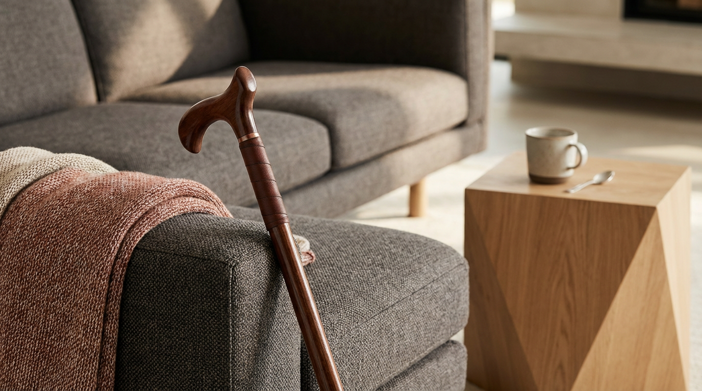 A cane resting against a gray fabric sofa in a living room, with a beige blanket draped over the armrest, and a wooden side table holding a mug and a spoon.