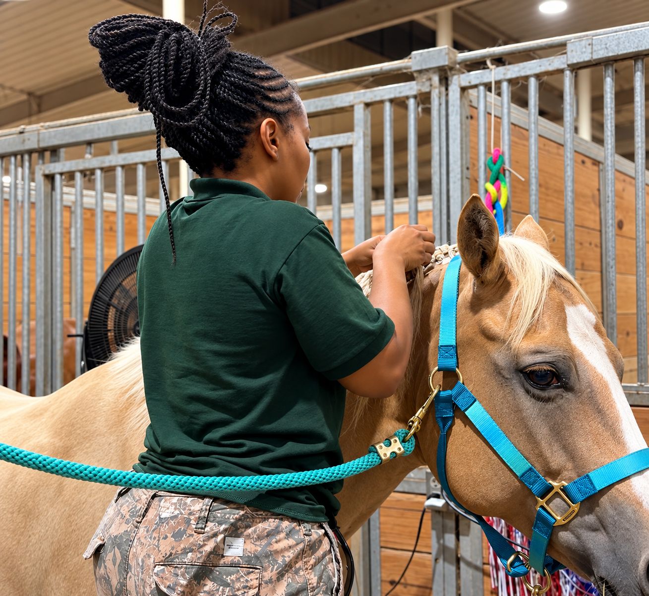 A woman braiding a horses mane while adjusting the equipment on a tan horse inside a barn at a horse show.