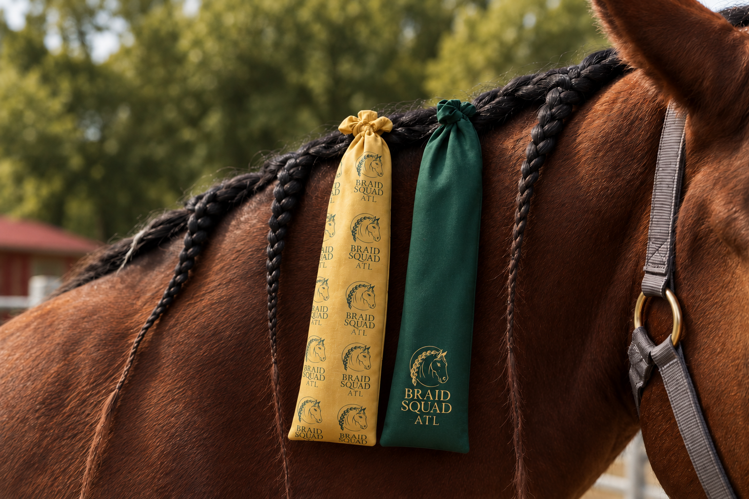 Close-up of a horse's neck and head with braided mane, wearing a halter, with two attached mane bags to protect the horses mane, bags read 'Braid Squad ATL' - one yellow, and one green with logo and text, outdoors .