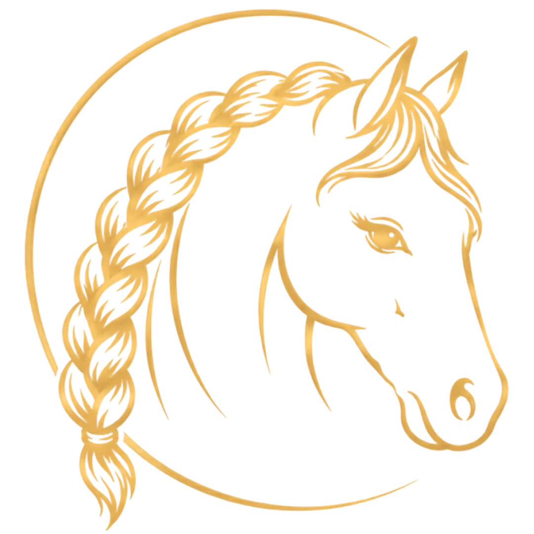 Gold outline drawing of a unicorn's head in profile within a circular frame, featuring a braided mane, braid squad Atl logo
