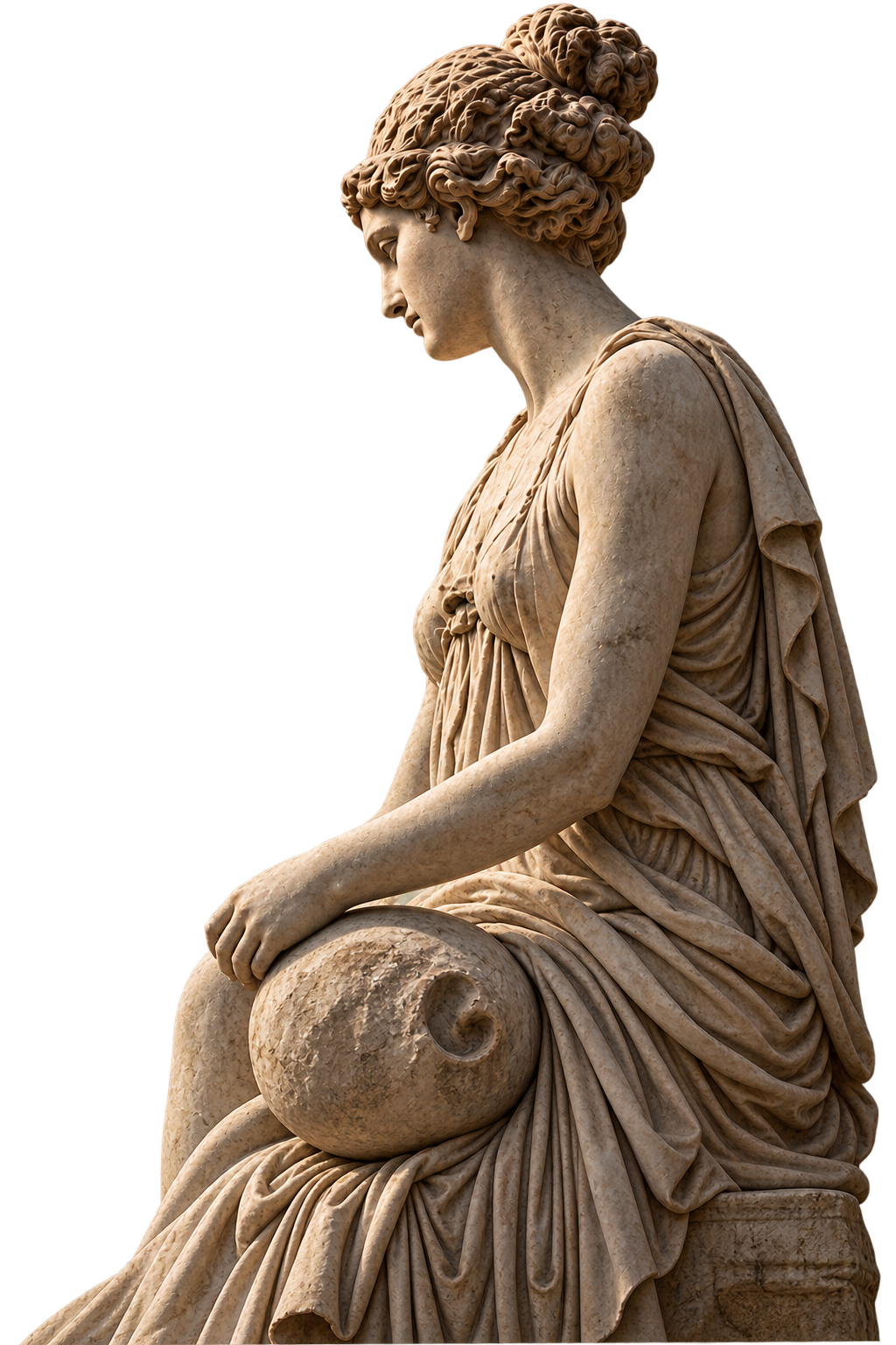 Side view of a carved marble statue of a seated woman with curly hair, wearing draped clothing, holding a scroll in her lap, against a plain background.